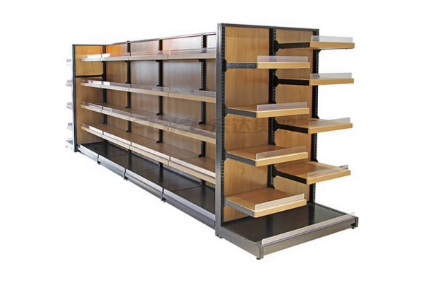 What are the advantages of steel and wood shelves in supermarkets?