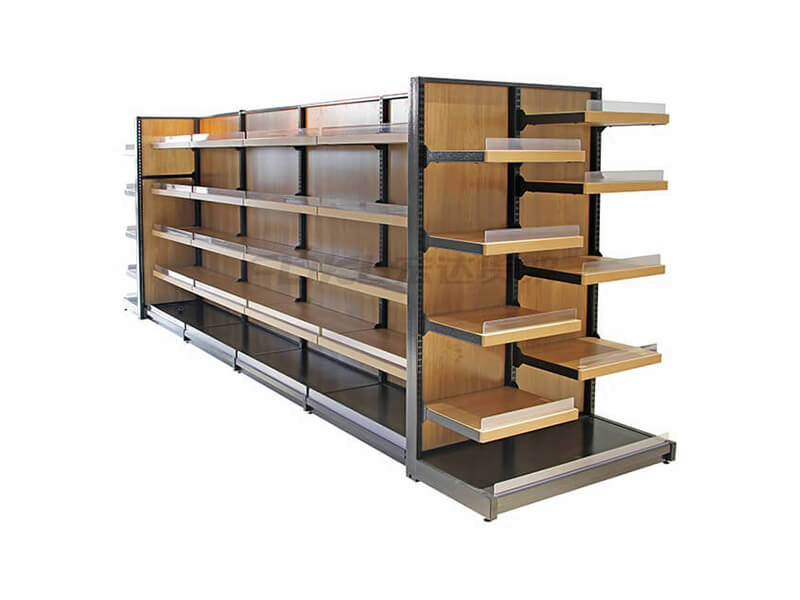 What are the advantages of steel and wood shelves in supermarkets?